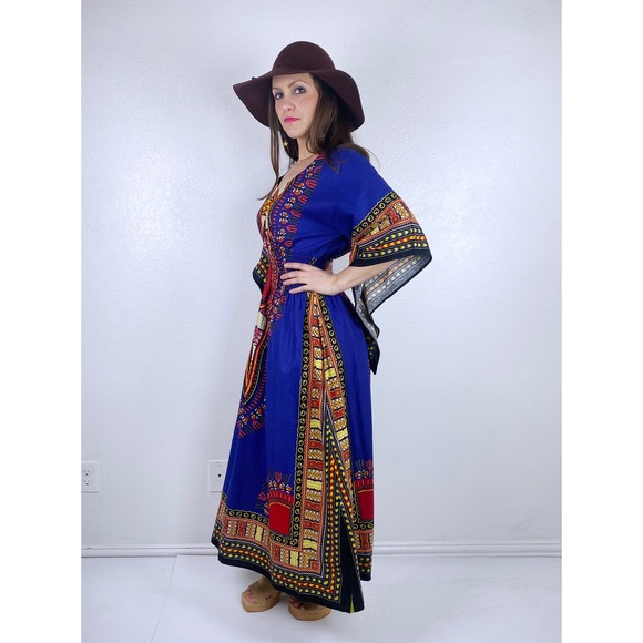 vintage 70s Royal Blue ANGEL SLEEVE DASHIKI s/m/l maxi dress ethnic kaftan bold - Picture 7 of 10
